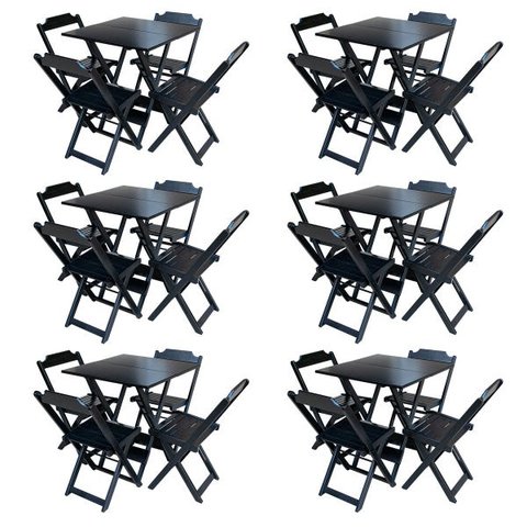 Kit 6 Jogos de Mesa com 4 Cadeiras de Madeira Dobrável 70x70 Ideal para Bar e Restaurante - Preto