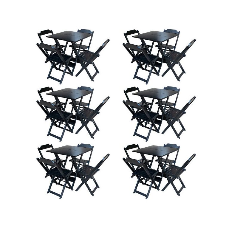 Kit 6 Jogos de Mesa com 4 Cadeiras de Madeira Dobrável 70x70 Ideal para Bar e Restaurante - Preto