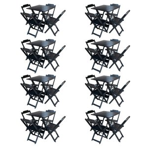 Kit 8 Conjuntos de Mesa com 4 Cadeiras de Madeira Dobrável 70x70 Preto