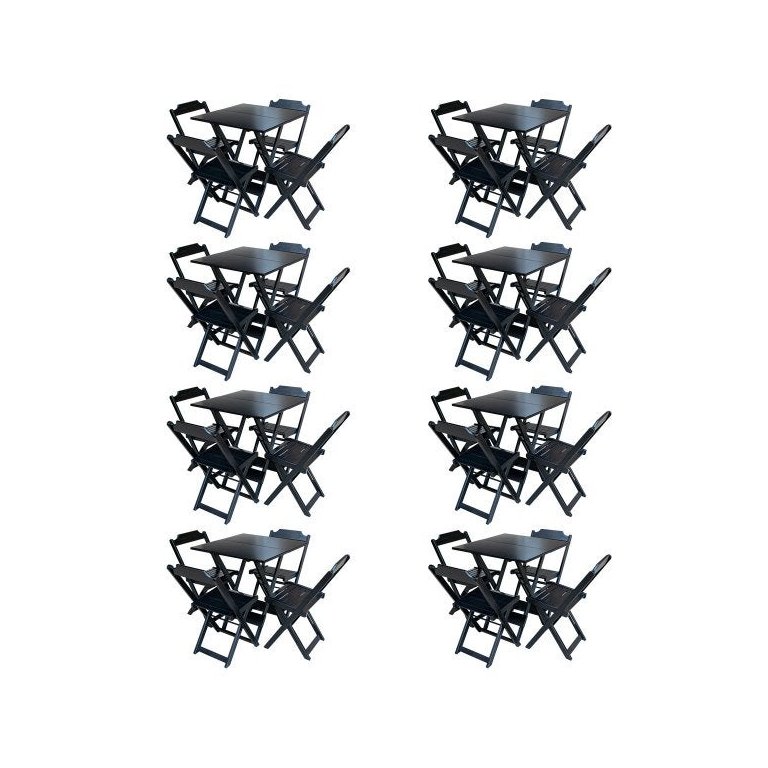 Kit 8 Conjuntos de Mesa com 4 Cadeiras de Madeira Dobrável 70x70 Preto