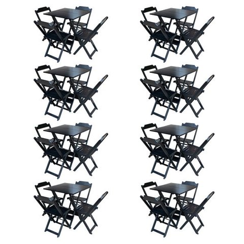 Kit 8 Jogos de Mesa com 4 Cadeiras de Madeira Dobrável 70x70 Ideal para Bar e Restaurante - Preto