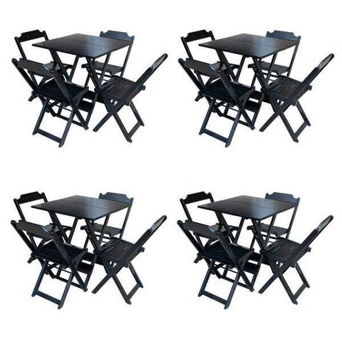 Kit 4 Conjuntos de Mesa com 4 Cadeiras de Madeira Dobrável 70x70 Preto