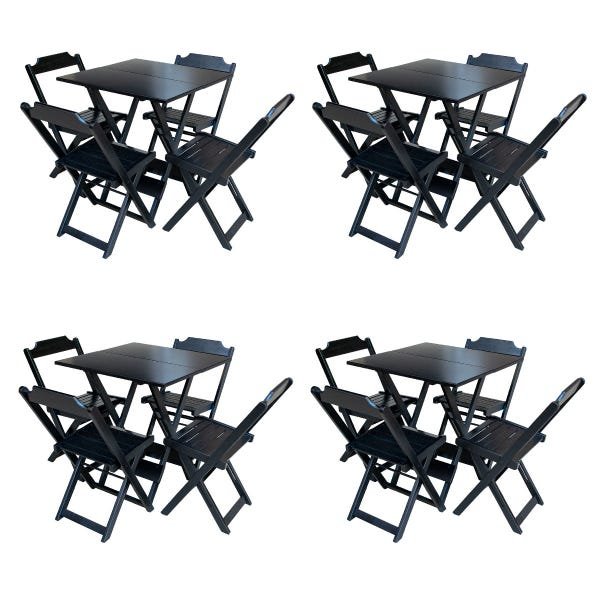 Kit 4 Jogos de Mesa com 4 Cadeiras de Madeira Dobravel 70x70 Ideal para Bar e Restaurante - Preto - 1