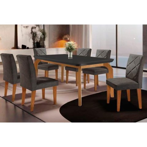 Sala de Jantar Completa Londrina Tampo Madeirado C/ Vidro Curvo 180x90cm e 6 Cadeiras Melissa Imbuia