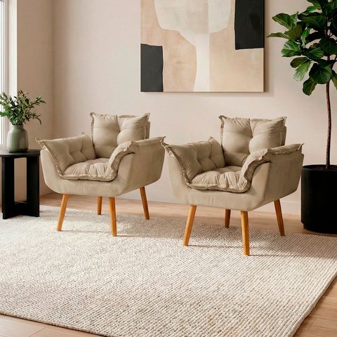 Kit 2 Poltronas Decorativas Reforçadas para Sala Alice para Recepção Manicure Escritório Suede