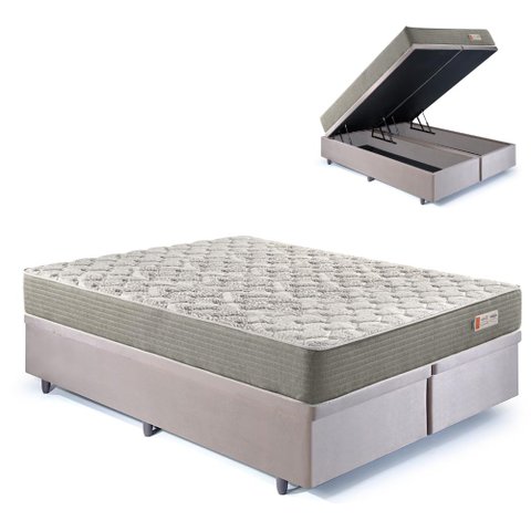 Base Box Baú Bipartido Casal 138x188 Suede Bege com Colchão Ecoline D40 Espuma