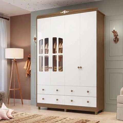Guarda Roupa Peroba Elô 4 Portas e 4 Gavetas Branco/Carvalho