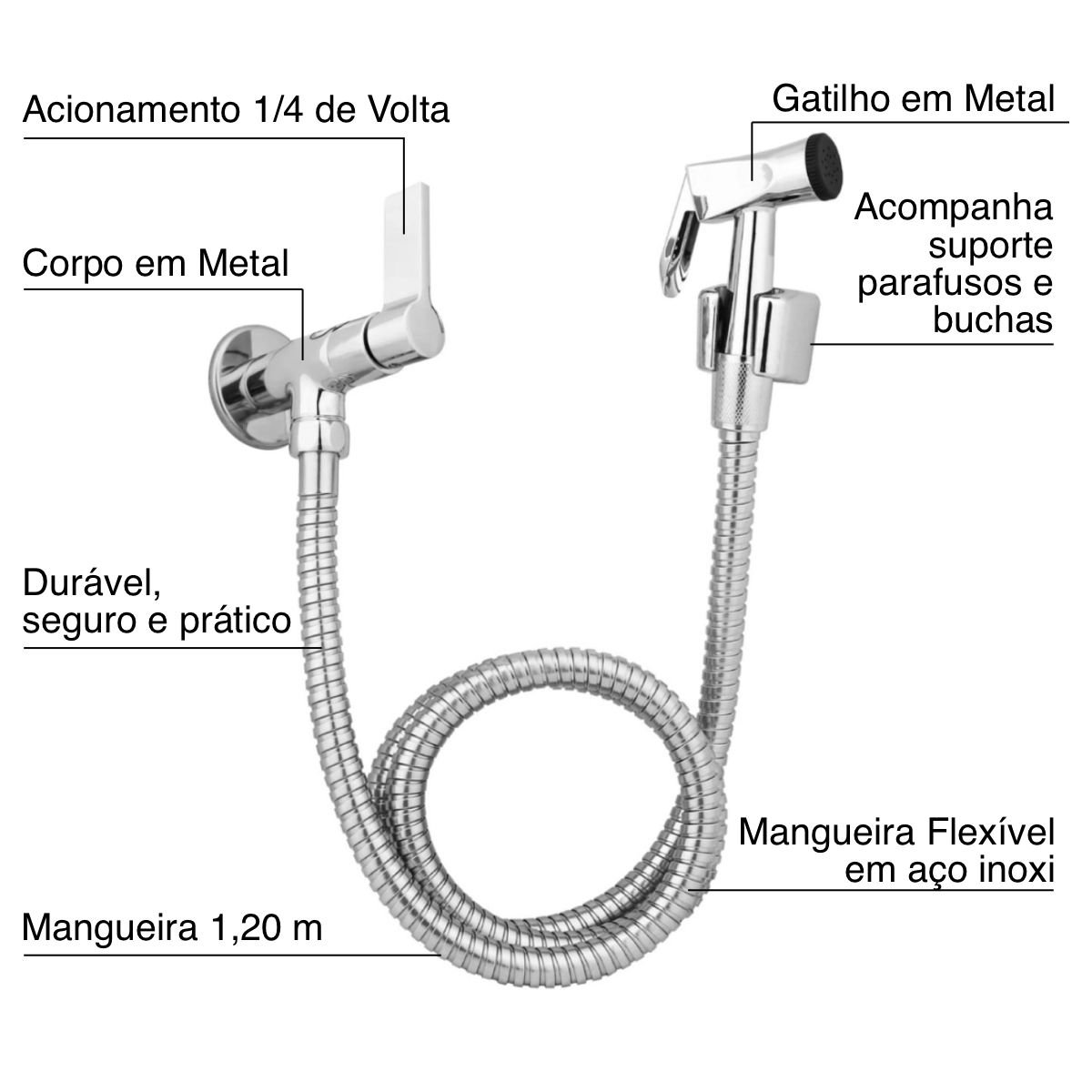 Ducha Higiênica Banheiro 1/4 Volta C-70 Flexível 1,20 m Inox Metal Oliveira - 5