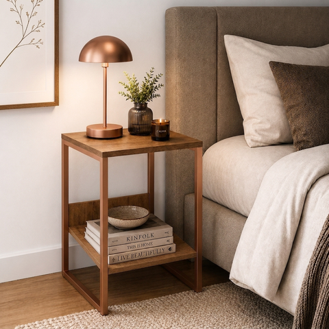 Mesa Cabeceira de Cama Criado Industrial Base de Ferro Cobre Tampo Amêndoa