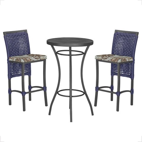 Mesa Bistrô e 2 Banquetas Roma Preta Corda Náutica Estofado 6 Trama Original