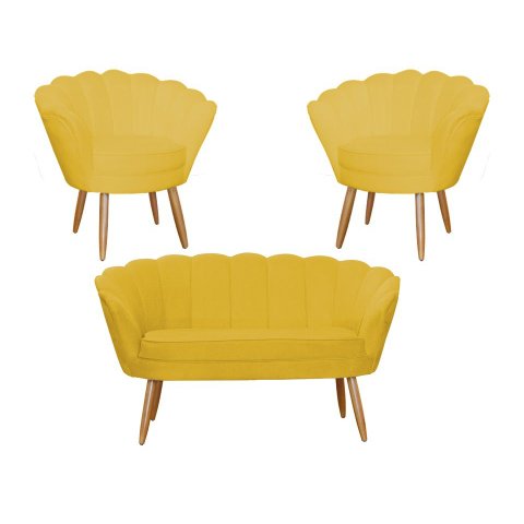 Kit Namoradeira + 2 Poltronas Decorativa Pétala Couro Amarelo Pés Madeira Ms Decor