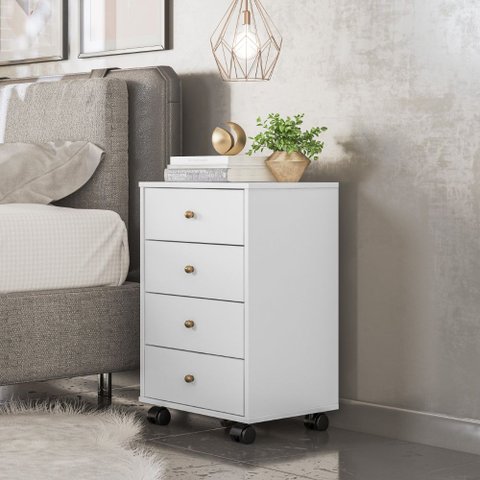 Mesa de Cabeceira Lateral Apoio 4 Gavetas Presence com Rodízios para Quarto Branco Demóbile