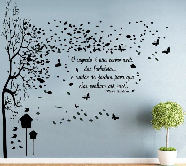 Adesivo decorativo de Parede com Árvore grande com frase de borboleta e jardins - 2