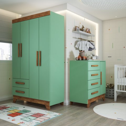 Quarto Infantil Completo Kids 5 Portas 6 Gavetas Verde/nature - Panorama Móveis