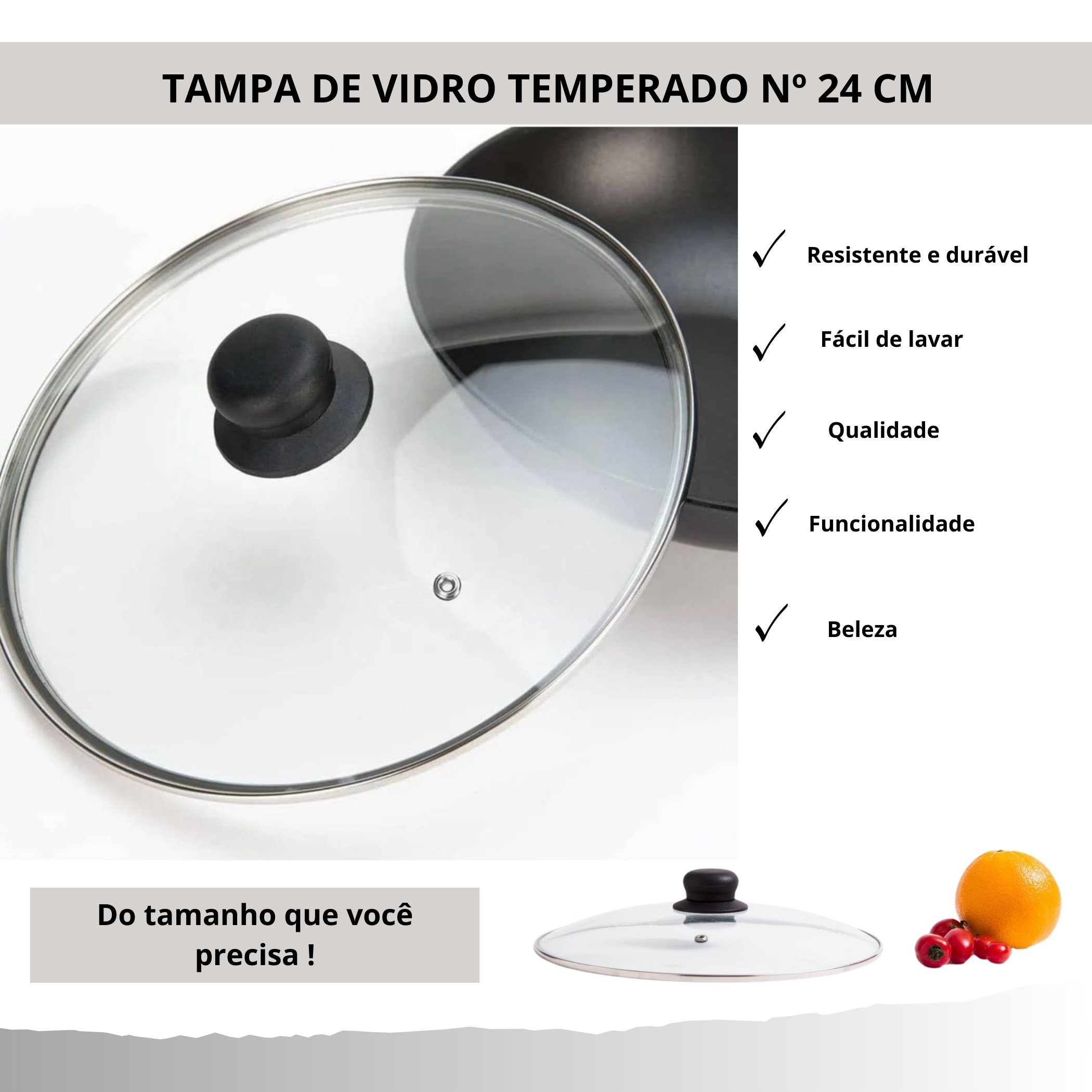 Tampa de Vidro Temperado Avulsa para Panela Caçarola Frigideira 24 Cm - 6