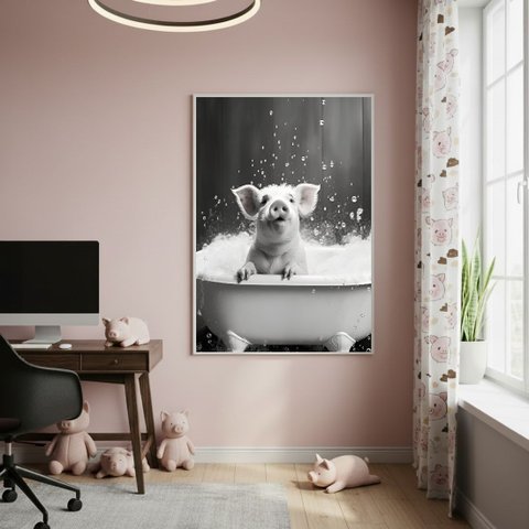 Quadro Decorativo Porco na Banheira 70x50cm Mold Preta