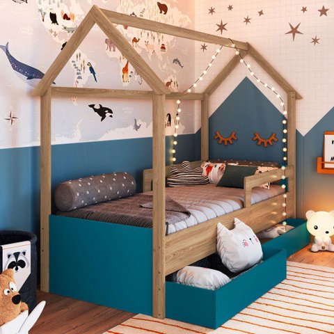 Cama Infantil Montessoriana sem Colchão com Gavetas Oak/ Azul - Completa Móveis