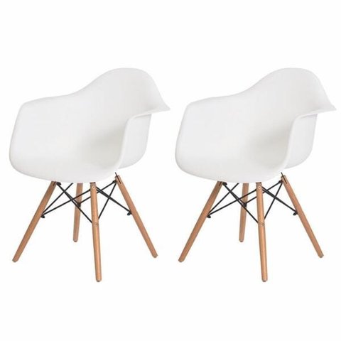 Kit 2 Cadeiras Charles Eames Eiffel com Braço Branca Base Madeira