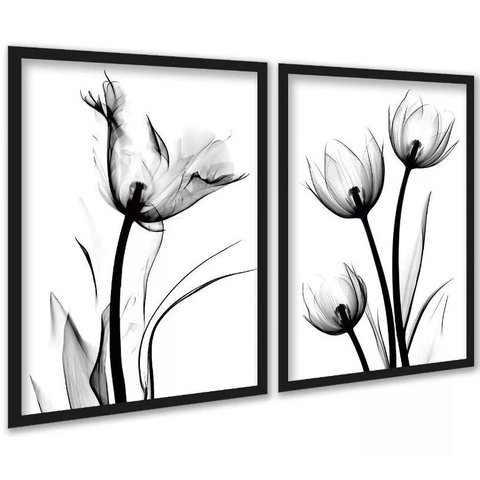 Kit 2 Quadros Fotos Flores Tulipas Minimalistas 45x34cm:moldura Branca