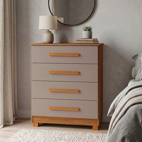 Cômoda Suíça 4 Gavetas com Pés Madeira e Corrediças Metálicas para Quarto Moderno - Nature/gris