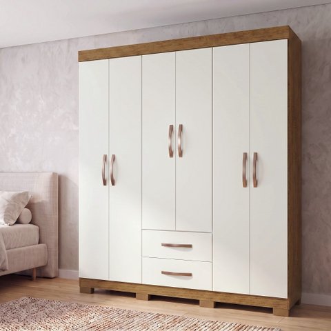 Guarda-Roupa Casal 6 Portas, 2 Gavetas e Pés Light Plus Cinamomo/Off White