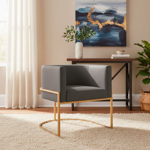 Poltrona Decorativa Luna Estofada Base Metálica Suede: Suede Cinza Escuro