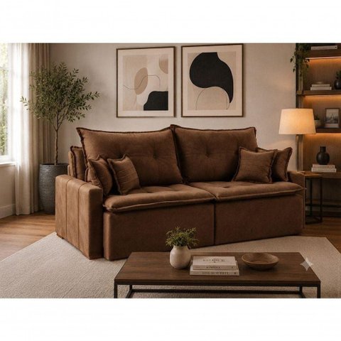 Sofá Orfeu 2.00 3 Lugares Retrátil Cama 200cm Marrom Veludo Estrutura Madeira Eucalipto