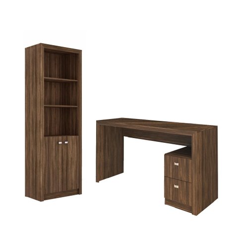 Escritório com Mesa para Computador 2 Gavetas com Armário Pareteleira 2 Portas Nogal - Fdecor
