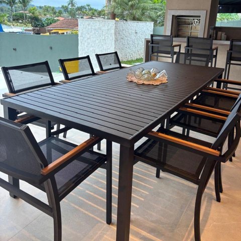 Conjunto Mesa Retangular 2,40m Preta + 8 Cadeiras Amélia Pretas em Alumínio e Tela Sling