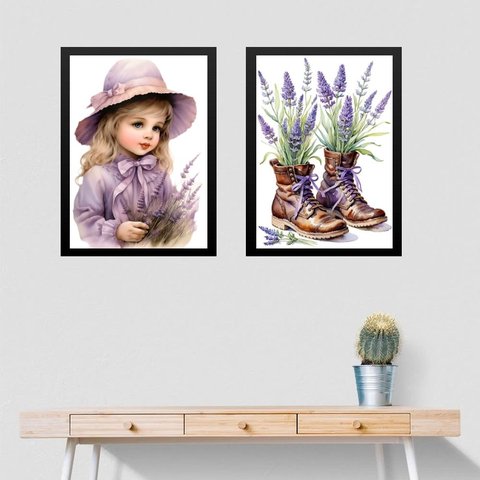 Kit 2 Quadros Flores de Lavanda - Menininha 33x24cm - com Vidro:moldura Preta