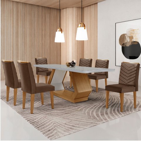 Mesa para Sala de Jantar Alvorada 180cm Mdf com Vidro Canto Copo e 6 Cadeiras Liz