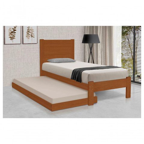 Cama de Solteiro Lara Com Cama Auxiliar de Madeira Maciça Pinus Castanho