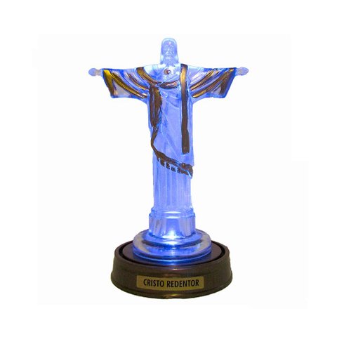 Luminária Imagem Cristo Redentor Jesus Cristo Rio de Janeiro com Luzes de Led Azul