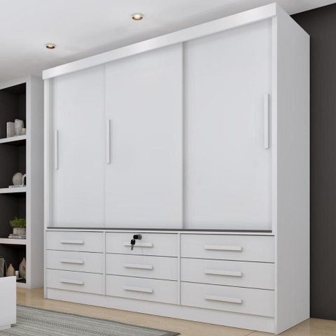 Guarda-Roupa Casal com 3 Portas de Correr e 9 Gavetas 199cm Multimóveis CR35484 Neve