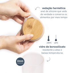 KIT 4 POTES DE VIDRO HERMÉTICO C/ TAMPA DE BAMBU 250ML - 4