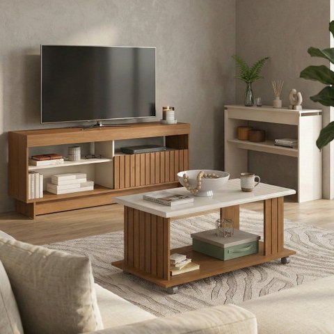 Sala de Estar City Rack 65'' Polegadas Mesa de Centro e Aparador Cinamomo