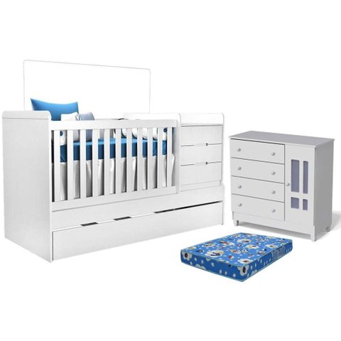 Berço Americano Multifuncional Cleo com Cômoda com Porta Ariel Branco com Colchão Ortobom - Carolina