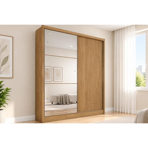 Guarda Roupa Solteiro com Espelho 100% MDF 2 Portas de Correr 3 Gavetas 162cm Virtus Plus Cumaru - N