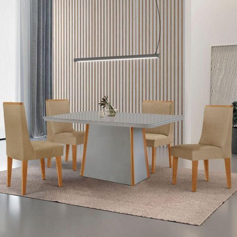 Mesa de Jantar Diane 120cm Tampo MDF Vidro 4 Cadeiras Lisboa Moderna Turim 07 Naturale Serigrafia