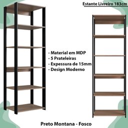 Estante Livreiro 183x60cm 05 Prateleiras Preto Montana Proddy Preto Montana - 5