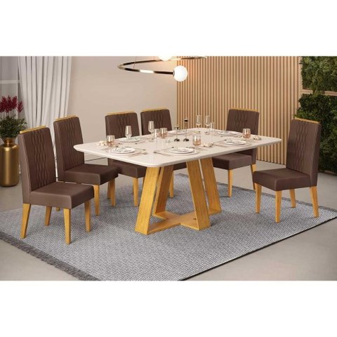 Sala de Jantar Completa Celeste C/ Tampo Madeirado C/ Vidro Retangular 160x90cm e 6 Cadeiras Lia