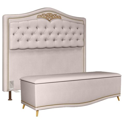 Cabeceira Cama Box Casal Queen 160cm com Calçadeira Baú Imperial Veludo J02 Bege