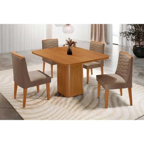 Conjunto: Mesa Sala Jantar Maldivas C/ Tampo Madeirado Canto Curvo 90x90cm e 4 Cadeiras Maldivas