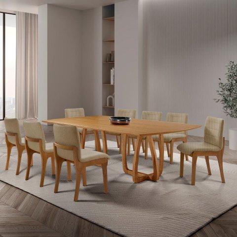 Sala de Jantar Mesa Flora 220cm Tampo Laminado Barril com 8 Cadeiras Bella