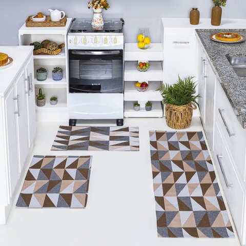 Jogo de Passadeira + Tapete 3 Pç Jacquard Antiderrapante Cozinha Corredor Quarto Sala Geométrico:los