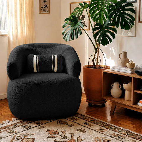 Poltrona Orgânica Chloe Boucle Preto Redonda Decorativa com Almofada Plumante - Arkell