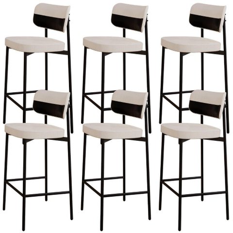 Kit 06 Banquetas Alta Bar Cozinha Sala de Jantar Aço Preto Kaira C01 Linho Palha Courino Preto -