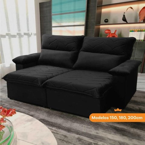Sofá Retrátil Reclinável Paris 1,80m Suede Velut Preto Molas no Assento - King House