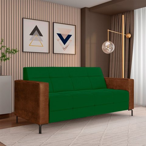 Sofá Living Decorativo Houston 2 Lugares 200cm Pés em Metal Veludo/ Pu Verde/ Marrom G33 - Gran Belo