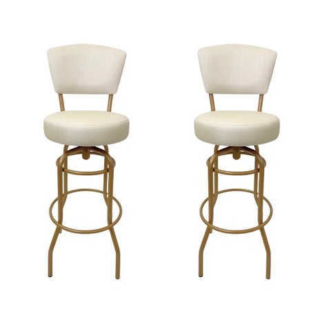 Banqueta Alta Bar Giratória com Encosto Cor Dourado Fosco Assento Grosso Cor Off White Kit 2 Peças